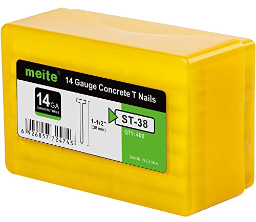 meite Lot de 400 clous en T de calibre 14 pour cloueuse pneumatique à béton – Clous de finition en béton galvanisé de 3,8 cm de long