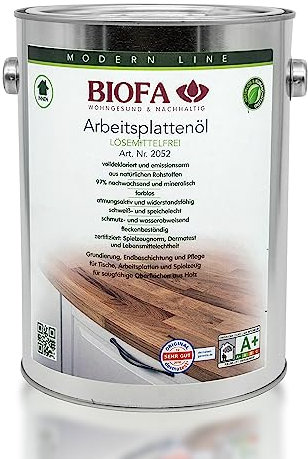 Biofa Arbeitsplattenöl 2,5 Liter lösemittel- und kobaltfrei, Grundierung, Endbeschichtung u. Pflege für Tische, Arbeitsplatten, Spielzeug, Schneidebretter, Möbel