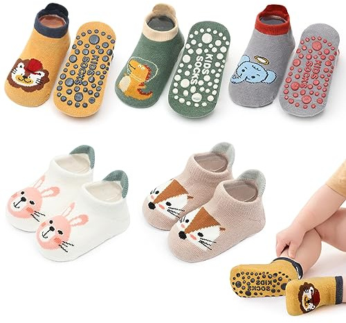 angelikashalala 5 Paar Baby rutschfeste Socken, Anti Rutsch Babysocken with Cartoon Tiermotive für Baby Mädchen Jungen Kinder(0-12 Monate)