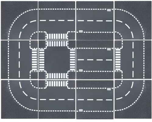 HUIZDQ 12 Piece Road Base Plates, City Street Road Building Baseplate Toys Compatible with All Major Brands, For Ages 3 and Up, 4 Curves, 4 T-Junctions, 3 Straights, 1 Crossroad, 10 x 10 (Grey)