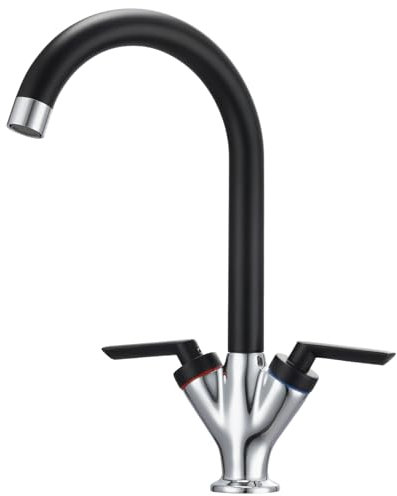 HPWVKVDB Black and Chrome Kitchen Tap Dual Lever Kitchen Taps Mixer Monobloc Sink Mixer Taps 1 Hole Brass Swan Twin Lever Black and Silver Mixers Tap