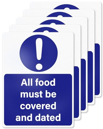 YIKIADA All Food Must Be Covered And Dated Stickers Vinyl 200 mm × 150 mm Self-Adhesive Clear Health Safety Signs Waterproof Warning Decals for Workplace Kitchen Restaurant Office Pack of 5