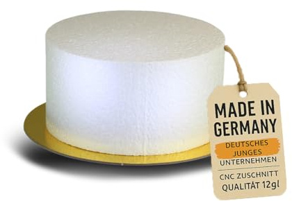 LA LILEYN Styropor Torte 1 Etage - Styroporscheibe - Extra hoch 8,5cm u. ⌀ 16cm - goldenem Tortenboden – mit doppelseitigem Aufkleber – Qualität 12g/l - Tortendummy