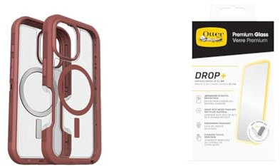 Otterbox Bundle Defender Series XT MagSafe Hülle für iPhone 16, stoßfest, Ultra-robust, schützende Hülle, Transparent/Braun & Premium Glass Displayschutz