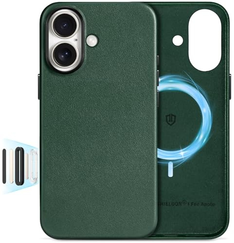 SHIELDON Lederhülle für iPhone 16 6,1 5G 2024, Nachtgrün | Kabelloses Laden, Echtleder, Kamerasteuerung, Stoßfest, Dünn, Leichte Schutzhülle, Handyhülle, Hüllen