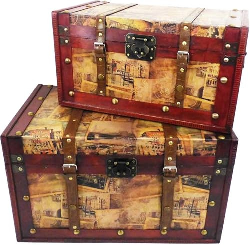 Set of 2 Vintage Style Wooden Storage Trunk Chest Set – Approx Dimensions – Small 45x25x23 cm Large 50x30x30 cm