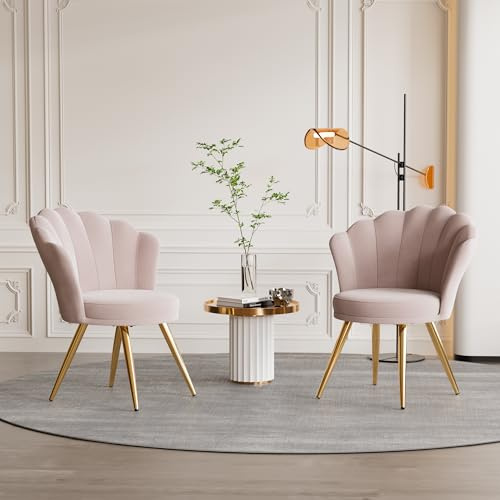 Aivermeil Esszimmerstühle 2er Set Samt Polsterstühle Rosa | Muschelsessel mit Armlehnen,Schminktisch Stuhl,Polstersessel Elegant,kzentstuhl mit Gold Metallbeinen Accent Chair