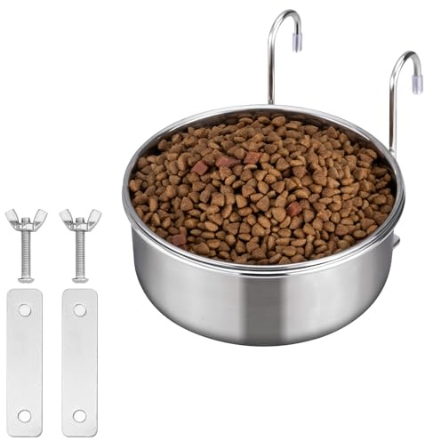 Navaris hängande skål i rostfritt stål 14 cm (5,5 tum) – hållbar och rostbeständig – klämma på husdjurslåda, mat och vattenskål – inget spill hundskålar i metall – för valp katt kanin fågel