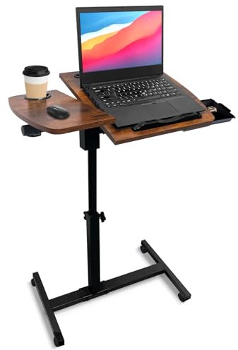 KUKKUME Laptoptisch Beistelltisch Höhenverstellbarer mit Rollen Mobiler Stehpult Schreibtisch Computertisch mit Schublade und Kippbarer Geteilter Oberseite für Büro Sofa Pflegebett (Handbuch, Braun)