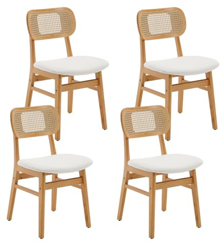 Ya-Home Esszimmerstühle 4er Set Kunstfell Küchenstühle mit Rückenlehne Akzentstühle Rattan Polsterstuh mit Massivholzbeinen für Esszimmer/Wohnzimmer/Küche, Beige