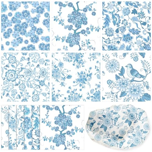 Epakh 36 Pack 6 Style Light Blue Decoupage Napkins Assorted Floral Chinoiserie Cocktail Napkin Decorative Printed Toile Tissue Paper for Crafting Mothers Day Spring DIY Decor, Each Unfolded 13''