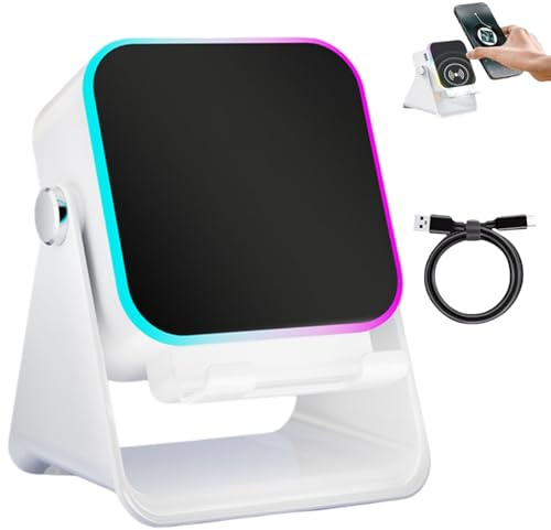 5-in-1 Wireless Induction Bluetooth Speaker with Adjustable Phone Stand, 8 RGB Ambient Light, Wireless Induction Audio Speaker Stand, Versatile Audio Stand & Charger Induction Speakers (White)