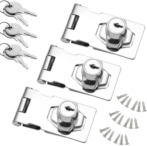 3Pcs Keyed Hasp Lock, Heavy Duty Twist Knob Keyed Lock Hasp 2.5Inch Latch Buckle Hasps with 6 Keys 18 Screws Safety Door Clasp with Padlock Gate Locks for Cupboard Drawer(Silver)