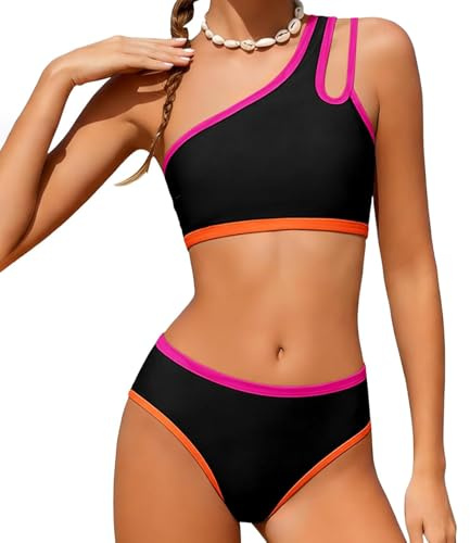 Generico Bikini bambina due pezzi con top monospalla e slip abbinato, colori vivaci e design sportivo, costume da bagno per ragazze, ideale per nuoto, vacanze e attività acquatiche