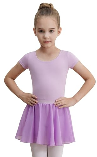 WEGETIT Leotard Girls Gymnastics Toddler Dance Ballet Pink Leotard Dresses with Skirt (Light Purple,6-8 Years)