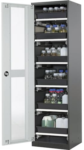 asecos | Labor-Chemikalienschrank | 1-türig | hoch | 6 Auszüge | mit Sichtfenster | grau