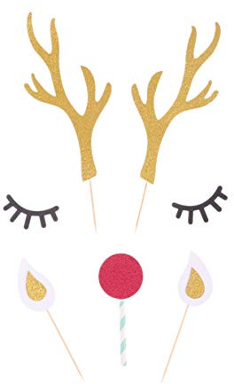 SUPVOX Antler Cake Toppers Reindeer Cake Decoration Glitter Christmas Cupcake Picks for Xmas Holiday Birthday Wedding Baby Shower Decor Party Supplies 5 Sets