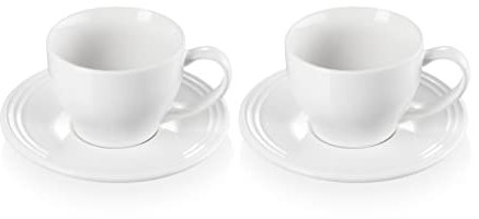 Le Creuset Stoneware Set of 2 Cappuccino Cups and Saucers , 7 oz. each, White