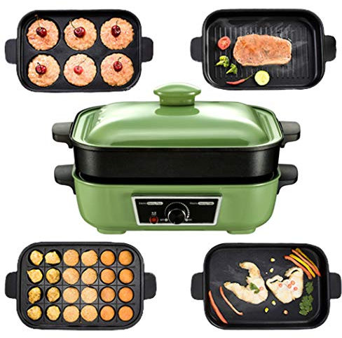 XMZFQ 5 en 1 Multifuction Barbecue électrique/Hot Pot/takoyaki/Frying Pan/Dorayaki Machine, Korean Barbecue Grill, Revêtement Anti-adhésif Multi Plaque de 5 pièces,Vert