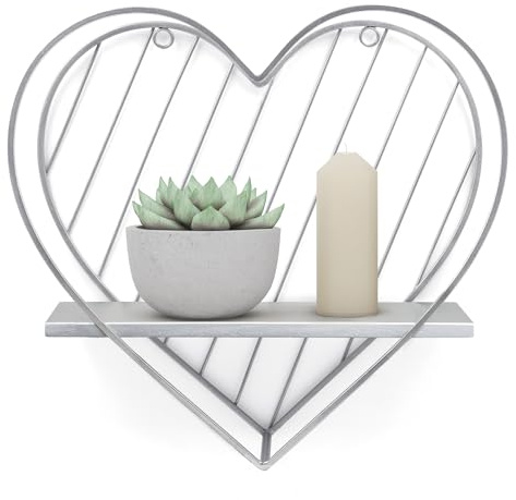 SUMGAR Floating Shelves Grey Metal Wire Wooden Heart Shelf for Wall Mounted Hanging Bathroom Bedroom Kitchen Living Room Office Toilet Storage Picture Plant Display Organiser Unit Small