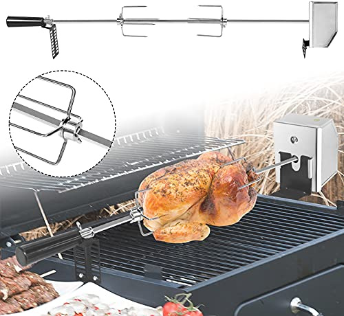 Aufun Grillspieß Set, inkl. 2 x Fleischklammer, 1 x Motor, elektrischer Edelstahl Drehspieß (Motor 220-240V）, 107cm, für BBQ Rotisserie, Drehspiess und Gasgrill