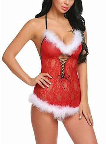 UIVHLW Boudoir Nighty Christmas V-Neck Bandage Dresses See Through Lace Plush Costumes