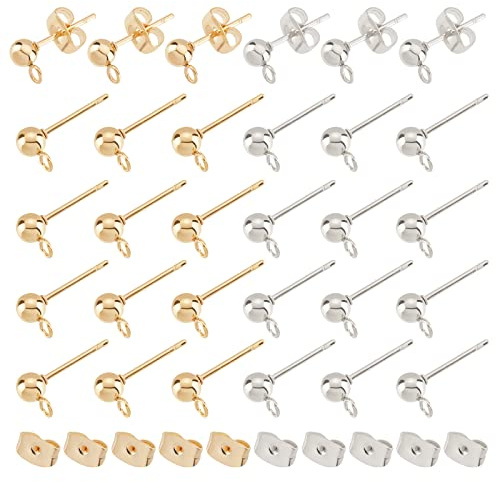 UNICRAFTALE 120 Piezas 2 Colores Pendientes de Tuerca de Bola 304 Pendientes de Tuerca de Acero Inoxidable Pendientes de Poste de Bola Componentes de Pendientes de Bola con Bucle Y Tuercas de Oreja