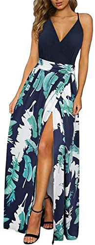 UUAISSO Abito Estivo da Donna Boho con Scollo a V Tinta Unita Abito Lungo da Spiaggia Floreale Blu Navy M