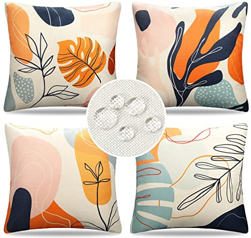 DakTou Housse Coussin Exterieur Imperméable Boheme 40x40 Housse de Coussin Motif Géométrique Minimaliste Lin Décoratif Taie d'oreiller pour Canapé Chaise Patio Jardin Salon Chambre Lot de 4