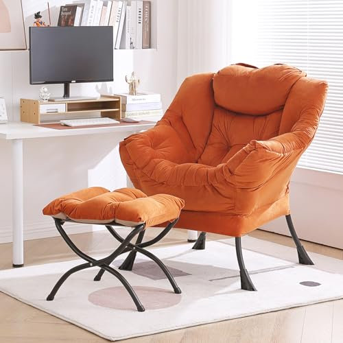 Furlide Lazy Chair with Ottoman, Velvet Reading Chair for Bedroom，Orange