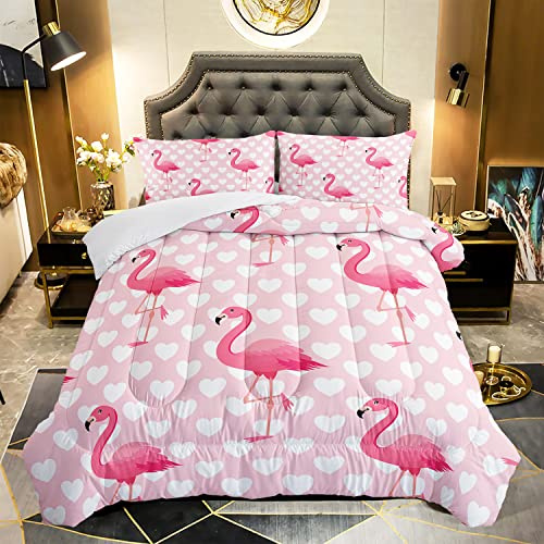 XYNHML Flamingo Comforter Set Full Size Tropical Pink Flamingo Love Heart Pattern Bedding Set Kawaii Quilted Duvet for Kids Girls Boys Adult with 1 Comforter and 2 Pillowcases