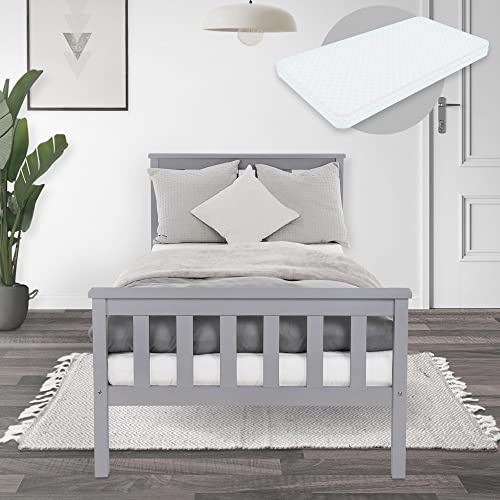 ML-Design Letto Singolo in Legno di Pino Massiccio 90 x 200 cm Grigio Chiaro, con Telaio Rete a Doghe Testiera e Pediera, Lettino per Ragazzi, Giroletto con Materasso da 16 cm in Schiuma Fredda
