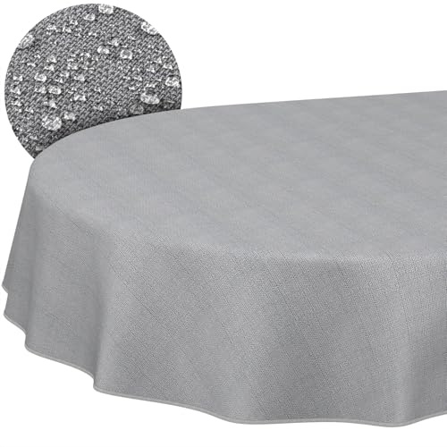 ANRO Tischdecke abwaschbar Damast Dunkelgrau mit Saum oval 220x140 cm | mit Saum eingefasst – ideal für Garten, Terrasse & Esszimmer – Gartentischdecke wetterfest – waschbar bei 30 °C