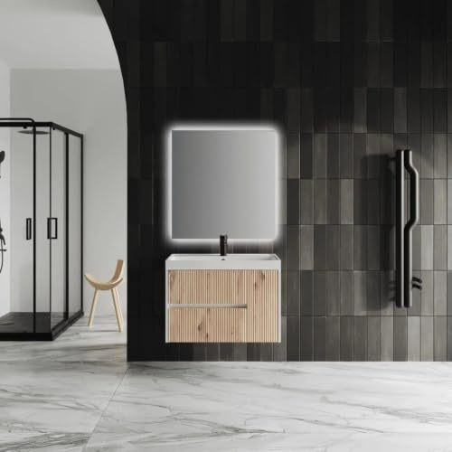 Kiamami Valentina - Mobile sospeso con lavabo in resina 80cm frontale rovere oro cannettato Cortina