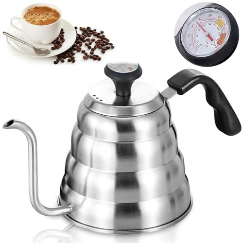 Bouilloire col de cygne 1200 ml en acier inoxydable avec thermomètre pour tous les types de cuisinières, durable et facile à nettoyer