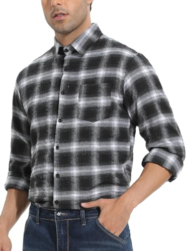 Yukiuiny flanellrutig skjorta för män – 100 % bomull skogsarbetare rutig topp, andningsbar och ledig långärmad t-shirt blus, Svartvita/högerknappar, XXL