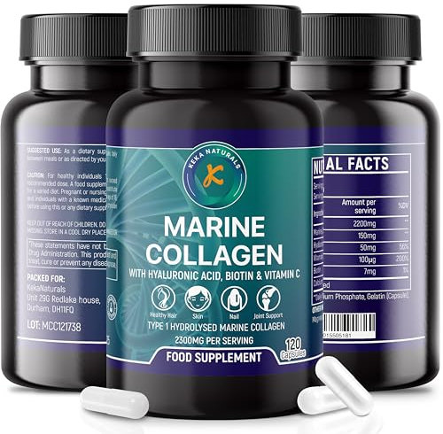 Hydrolysed Marine Collagen Peptides 2300mg - Enhanced with Hyaluronic Acid & Vitamin C - High Strength Collagen Supplements for Women and Men - 120 Capsules