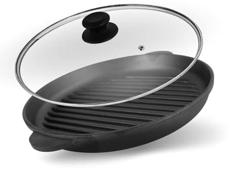 Sartén de hierro fundido con tapa de cristal, 28 cm de diámetro, con dos asas, sartén para servir