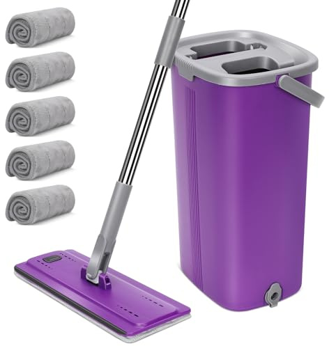 MASTERTOP Mop and Buckets Sets, Flat Mop and Bucket with Wringer Set, Wet and Dry Floor Cleaning System with 5 Reusable Pads, Microfibre Floor Mops