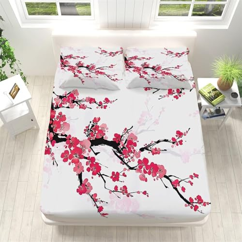 Sabanas 135 x 190 Japón, Flores de Cerezo impresión 3D Sábana Bajera de Microfibre Suave y Cómoda Transpirable, Funda de Colchón Sábana con Elástica Bolsillo Profundo 30 cm, Sabanas Cama 135, M1257
