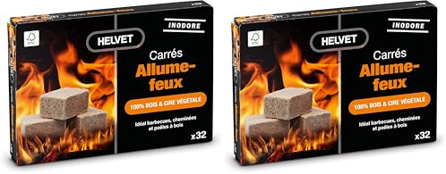 Helvet 32 natürliche Feueranzünder für Kamin und Holzofen in Würfel, Brenndauer 7 Minuten, umweltfreundliches Produkt, 100% Holz & pflanzliches Wachs, normal (LDFC32) (Packung mit 2)