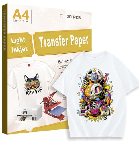 Creatorally Inkjet Transferpapier für Helle T-Shirts, Transferfolie für Weiß Stoffe Textilien, Bügelfolie A4 zum Tintenstrahldrucker und Laserdrucker (20 Blatt, Verbessert)