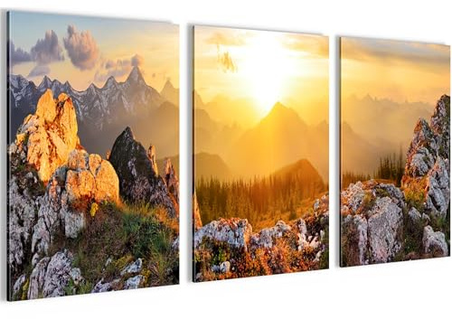 Novart Bilder Set Landschaft Berge Natur - Kein Extra Rahmen benötigt - Wandbilder für Wohnzimmer Schlafzimmer Flur - 3 Teilig Deko Orange Braun - N033036a
