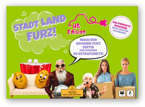 Relaxed Monkey Stadt Land Furz - WG Edition | Reisespiele | DIN A4 | Partyspiel | Einzugsgeschenk Wohnung | Stadt Land Fluss | Spielabend