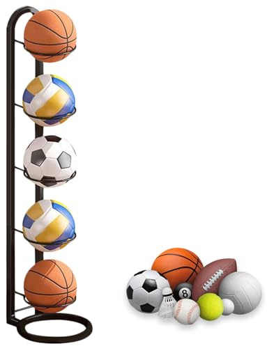 thirei 5 Lagiger Ballständer, Ballregal, Vertikale Ballaufbewahrung, Ball Rack, Ball Display Ständer für Basketball, Fußball, Volleyball, Schwarz