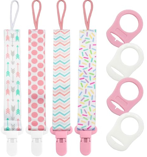 4 Pack Dummy Clips Girls, 4pcs Baby Pacifier Holder with 4pcs Silicone Pacifier Adapters, Universal Soother Chain for Baby Girls Boys Newborn (Color01)