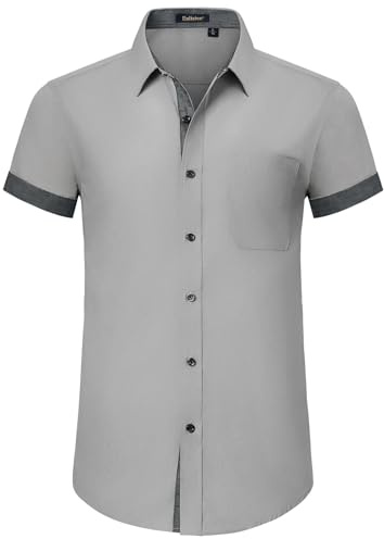 Enlision Camicia da uomo a maniche corte, per il tempo libero, vestibilità normale, da lavoro, da uomo, con tasca sul petto S-2XL, Grigio 2, XL