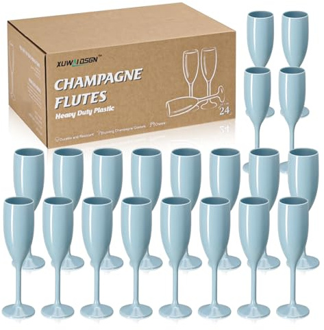 XUWAIDSGN Acrylic Champagne Flutes Toasting Glasses Unbreakable Mimosa Bar Glasses Reusable Wine Glasses Vintage Champagne Flutes Stemmed Drinking Cups 5.4 OZ for Christmas Birthday (24, Blue)