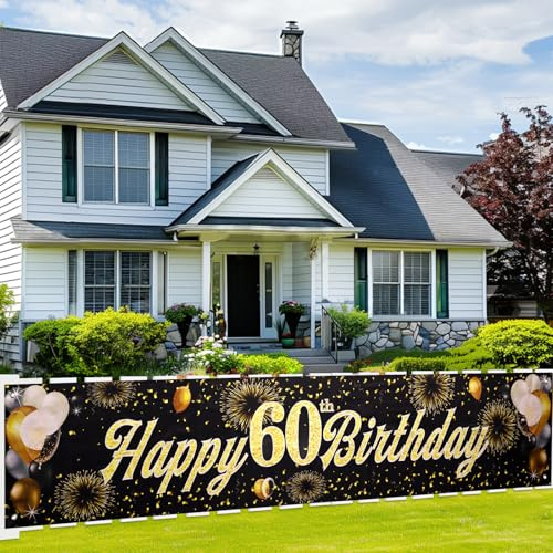ANOMM 60 Geburtstag Banner, 60.Happy Birthday Banner, Schwarz-Gold Deko | 60 Geburtstag für Männer und Frauen, 60.ter Geburtstagsbanner, Party Hintergrund Garten Wand Tischdekoration im Freien