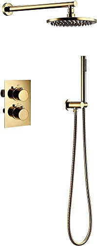 jewelry Shower System Thermostatic Set, Modern Brass Gold Shower Faucet System Mixer Set Concealed Faucet Mixing Valve Shower System Set with Shower Head and Shower Hose, 10inch (12inch) Earrings
